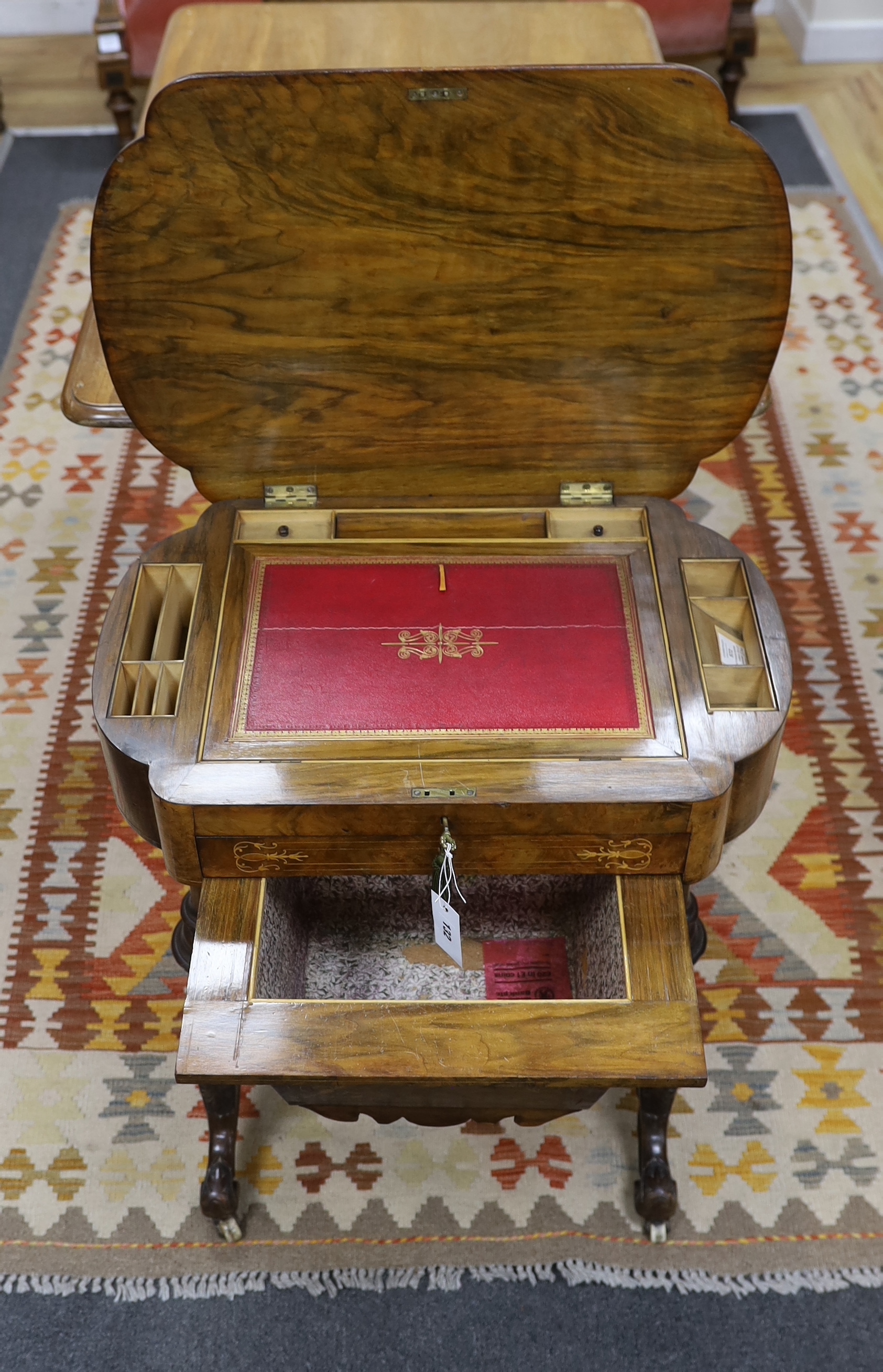 A Victorian marquetry inlaid figured walnut writing / work table, width 63cm, depth 42cm, height 72cm